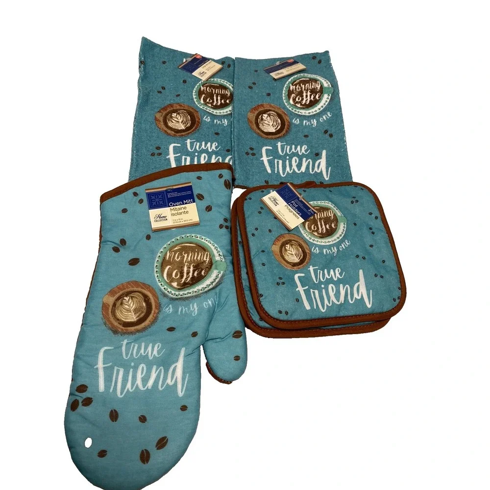 home collection 2 kitchen towels 15X26 2 pot holders 7x7 1 oven mitt 7X13 inches